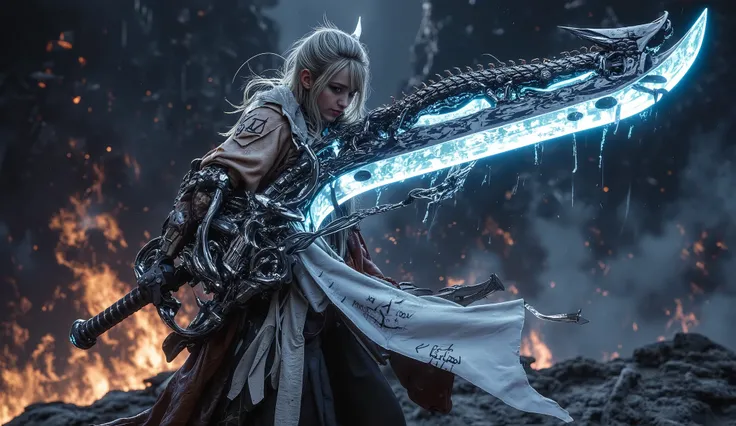 A Loli smith turns into a warrior, Her frost-soaked face was filled with traces of time and battle. Her habit is torn, and re-stitched with mismatched leather and chain-link patches, revealed a slight scar on her clavicle and a vivid tattoo. Her shoulder w...