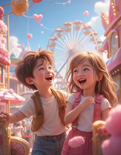 A boy and a girl are laughing happily in an amusement park, realistic illustration, 8K, hyperrealistic, highly detailed, masterpiece, photorealistic, physically-based rendering, vivid colors, warm lighting, amusement park, rollercoaster, cotton candy, ferr...