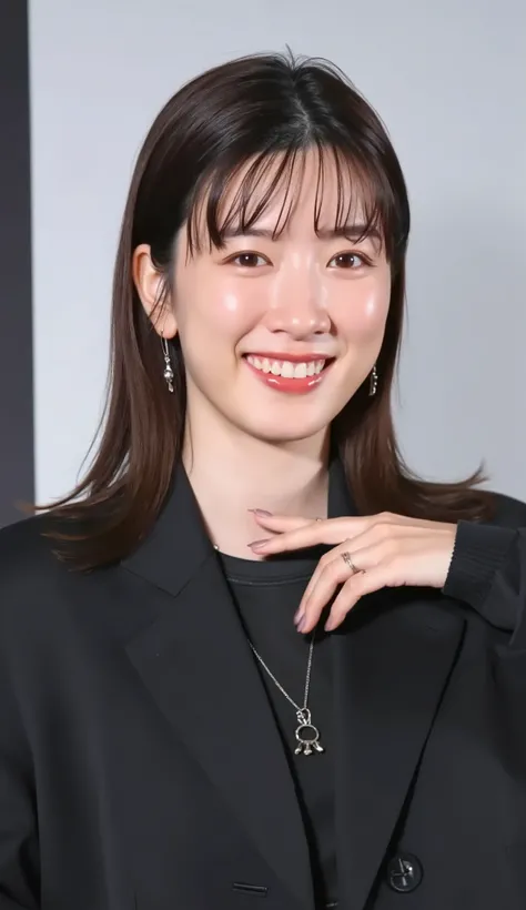 Neat Young Woman、and look at the camera、office lady suit、jacket、shirt、necklace、ear piercing、薄い茶髪、、、smile showing teeth、、background is office
