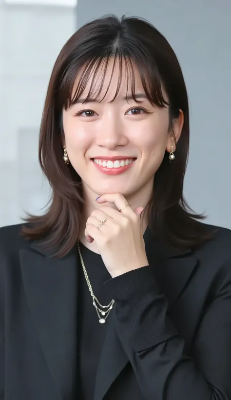 Neat Young Woman、and look at the camera、office lady suit、jacket、shirt、necklace、ear piercing、薄い茶髪、、、smile showing teeth、、background is office
