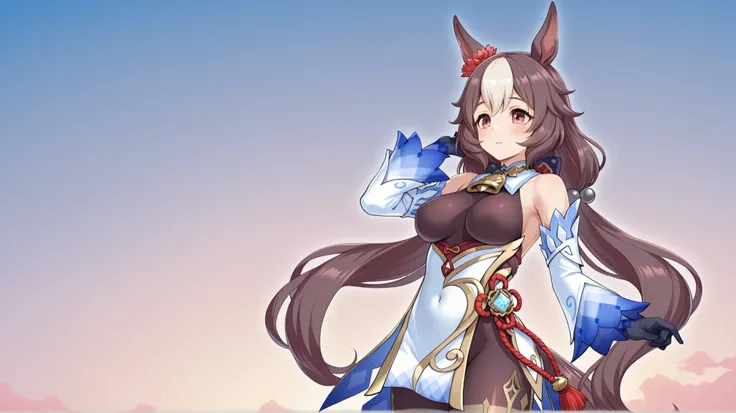 yamanin zephyr（Uma Musume）, Uma Musume, solo, [top quality], [Super beautiful CG], [Highly Detailed CG], [Super Detailed], [CG illustration], [high resolution], [extremely delicate and beautiful],  very detailed skin, Medium Breasts,  genshin ganyu cosplay...