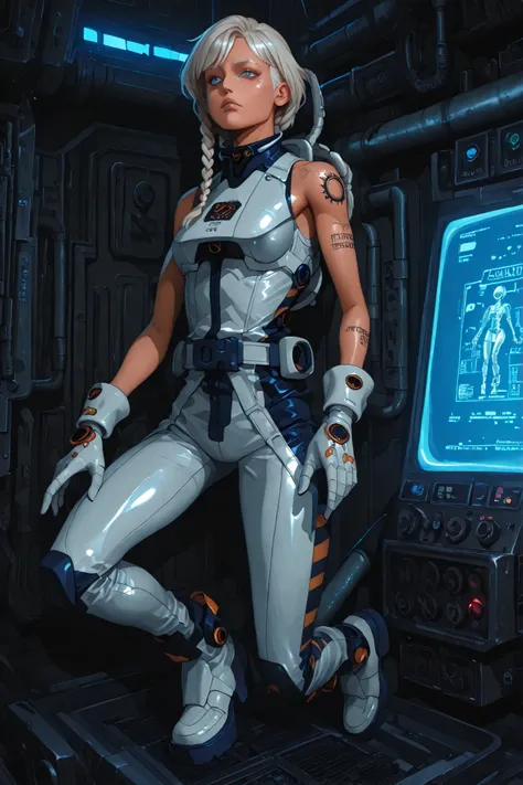 stylized 2D digital illustration ,cartoon style ,Inspired by love,death& robot,Painting Textures,Bold Line Art,Semi-realistic facial features.a cyberpunk Asian girl full body character design concept illustration，20 years old，160cm，normal skin color， short...