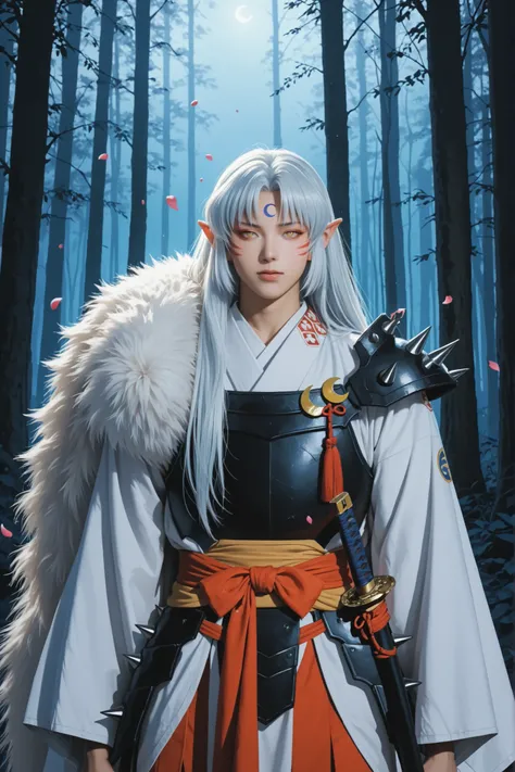 sesshomaru, long hair, yellow eyes, white hair, male focus pointy ears, facial mark, crescent, forehead mark,japanese clothes, armor, fur,, cinematic lighting, ultra detailed, dark , stands in a moonlit forest, shrouded in mist,  flowing silver hair, slit ...