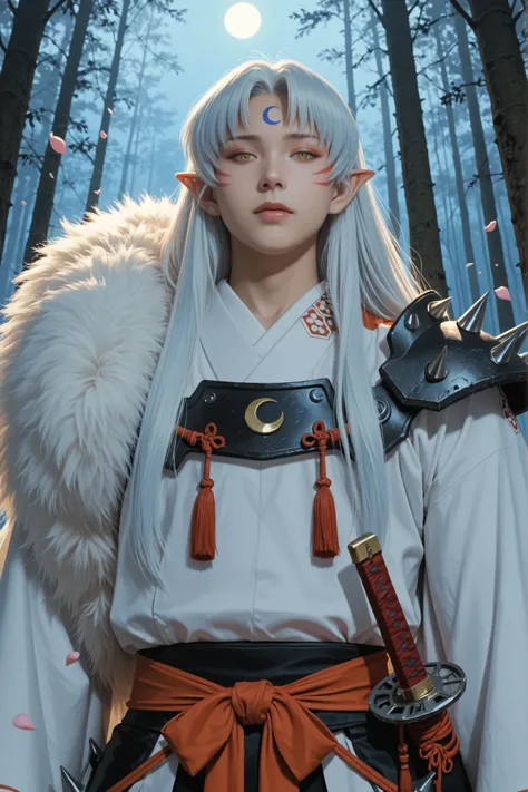 sesshomaru, long hair, yellow eyes, white hair, male focus pointy ears, facial mark, crescent, forehead mark,japanese clothes, armor, fur,, cinematic lighting, ultra detailed, dark , stands in a moonlit forest, shrouded in mist,  flowing silver hair, slit ...