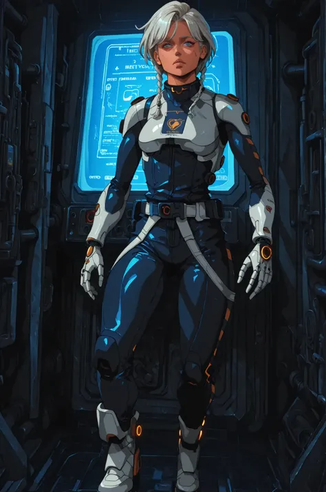 stylized 2D digital illustration ,cartoon style ,Inspired by love,death& robot,Painting Textures,Bold Line Art,Semi-realistic facial features.a cyberpunk Asian girl full body character design concept illustration，20 years old，160cm，normal skin color， short...