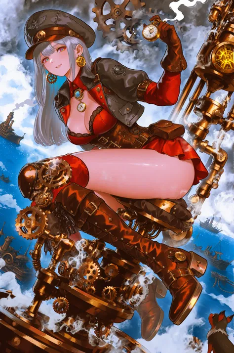 sitting on a machine,long hair,slightly random hairstyle,Hair color is silver,A color reminiscent of metal,girl,decorated with metal parts,lens part is amber,Gears and small pipes,cropped cap,leather corset、Best、short jacket,The shirt is a puff sleeve,belt...