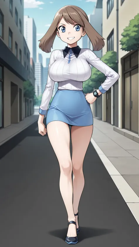 adult older sister, Tall, big boobs, left hand on hips, White Long Sleeves Vertical Striped Sweater, Beautiful legs, thighs, Beautiful legs, black high heels, ((top quality)), ((masterpiece)), ((details)), ((anime screenshot, anime cong, )) SapphireBirchIL...
