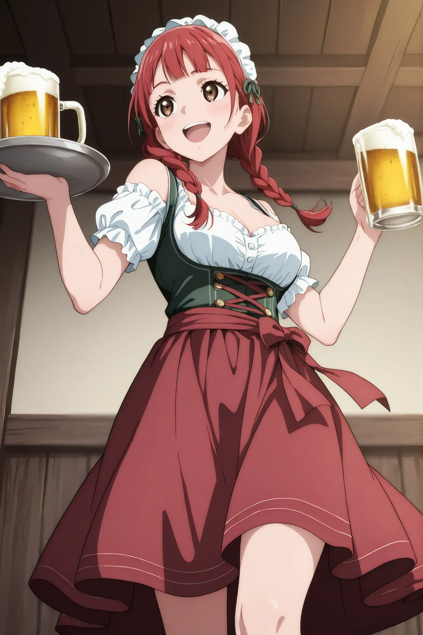 1 girl,solo,beautiful girl,cute,kawaii,brown eyes,red hair,long hair,braids,masterpiece,general,highres, ultra-detailed,very aesthetic,best quality ,best hands,best eyes,perfect anatomy,anime coloring,newest,easynegative,BREAK,dirndl,dirndl headdress,smile...