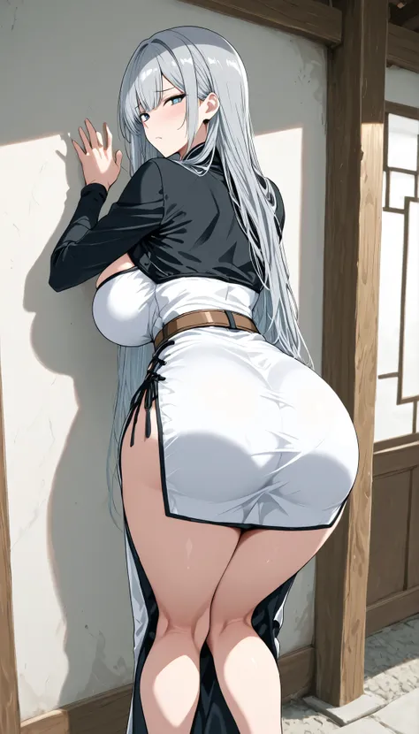 anime character, attractive woman, Milf,  ((completely straight hair)), long dark gray hair, with fringe framing her face, light blue eyes, expression of leadership, leadership look, perfect profiled face, intense look,  cold expression , Wears a dark form...
