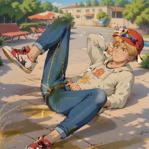 Chad Finletter, 1boy, male focus, hat, baseball cap, solo, blonde hair,,on a beach the sporty boy, is lying. He wearing extra high converse knee-high sneakers. His eyes gleam with determination, his muscles straining against the tight jeans-leggings that c...