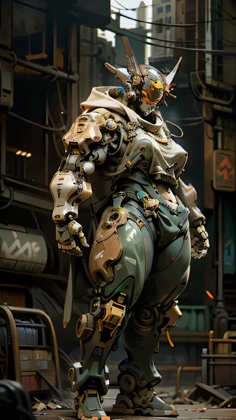 A robot in the shape of a fat woman、mechanical joints、Glow in the dark、full body view、tattered、Rusted Machine、Ruined city background、全身にダメージがある、全身像