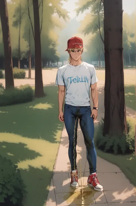 1boy, male focus, hat, baseball cap, solo, blonde hair,,on a beach the sporty boy, is standing. He wearing extra high converse knee-high sneakers. His eyes gleam with determination, his muscles straining against the tight jeans-leggings that cling to his l...