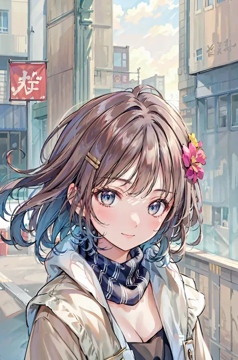 (masterpiece),(top quality:1.2),single girl,(masterpiece:1.3),Delicate Details, top quality8K解像度, Super Detailed, realistic, bright color, Soft tone,   with warm and gentle lighting,(beautiful plaid scarf:1.3),( cute pink ruffle bow dress  ,) (brown long c...