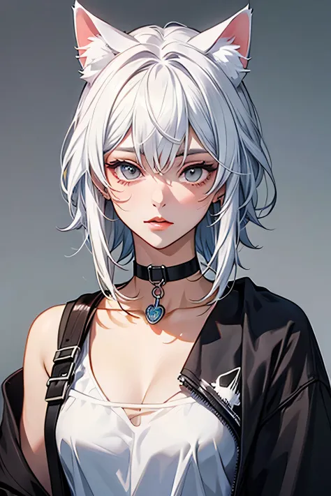 Please whiten the cat ear on the right。change the choker charm to a drop shape。add white mesh to the hair。