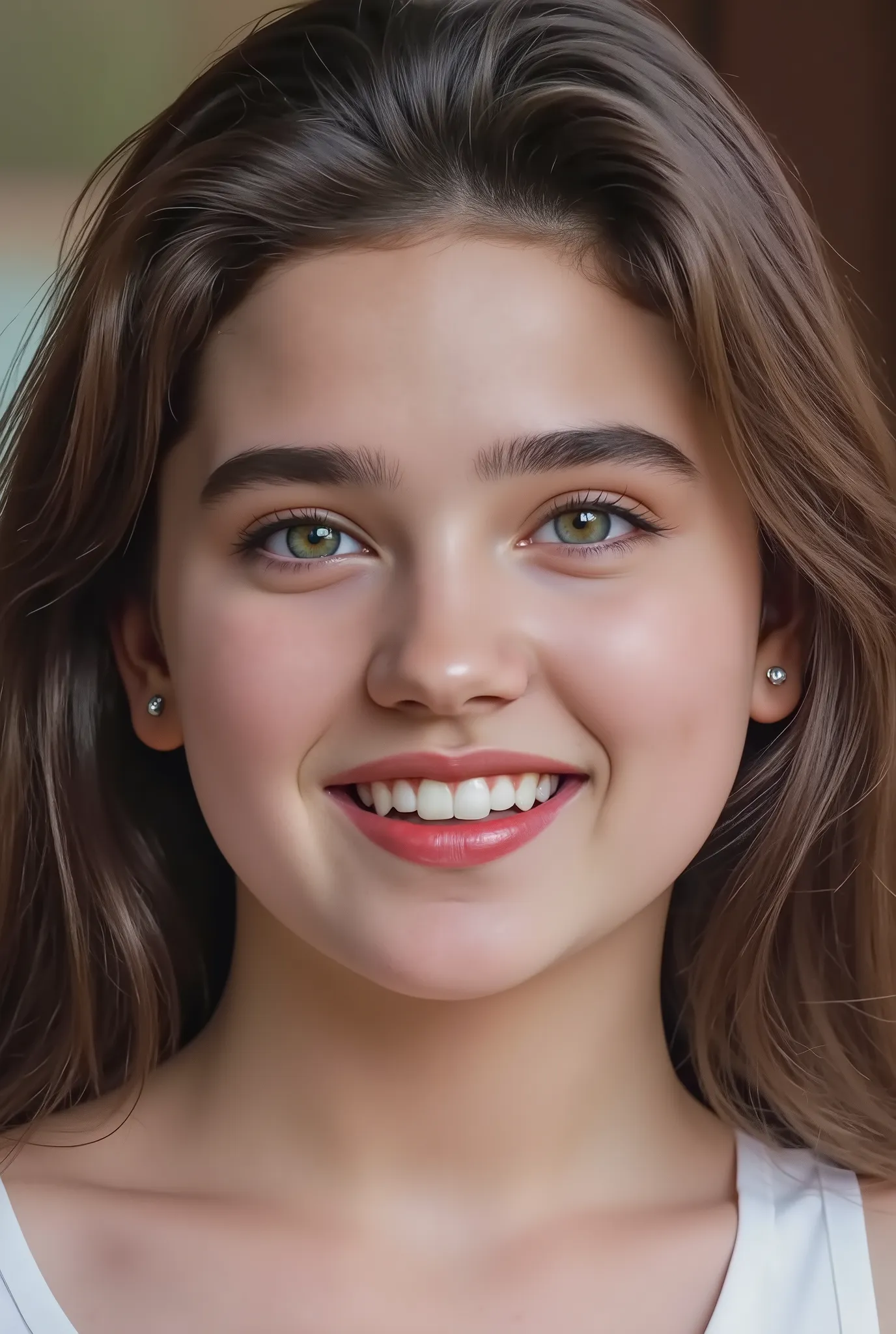 (masterpiece, top quality:1.5), １５Halfway between year-old Chloe Moritz and Jennifer Connelly, plump, cute cheeks, squinting、fair skin like porcelain,  Pale Eyes, simple white background, 
