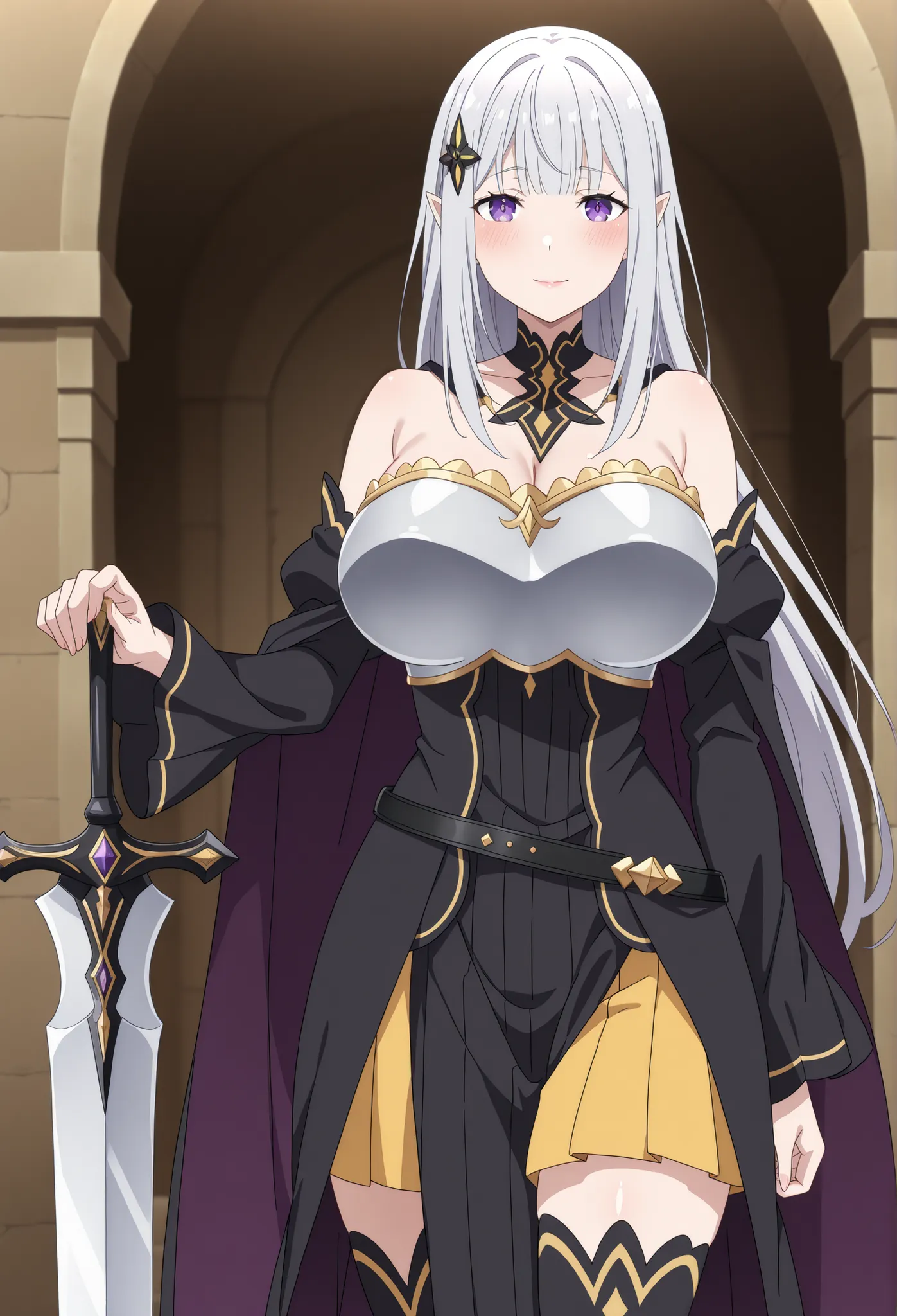 score_7_up, anime screencap, adult ReZero, Solo, long dress, Satella, Anime, 1girl, Mature Female, pointy ears, hair ornament, blush, silver hair, long hair, closed mouth, light smile, lips, purple eyes, Huge breasts, view detailed body, ((lady, cape, dres...