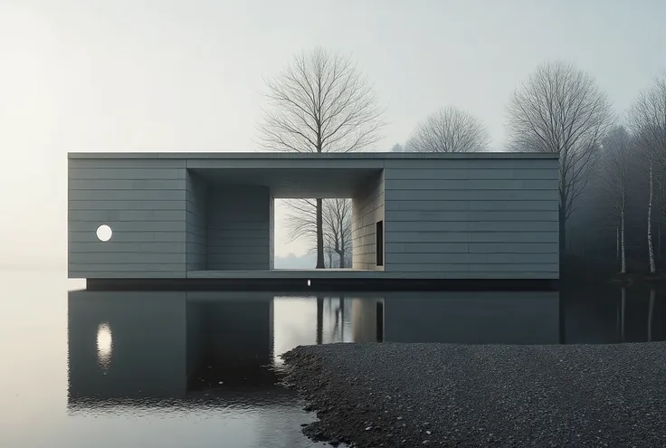 Ultra-realistic 16:9 cinematic long shot of a minimalist concrete house inspired by the contemplative brutalism of Tadao Ando, viewed from a distant perspective that captures the full architectural composition in its natural setting. The house is placed ne...
