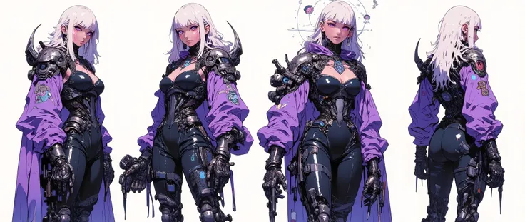 masterpiece, latest, very aesthetic, A very beautiful 27 year old adult woman, nice and sexy body, long curvy legs, medium breasts, sexy body, fair skin, long silky white hair with white highlights, bright purple eyes, gothic cyberpunk style, wearing a sty...