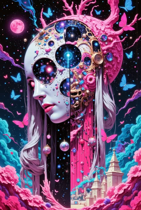 An abstract surrealist psychedelic aesthetic cosmic cyberpunk artwork that combines chaotic glitch effects with distorted imagery, featuring the dynamic pose of a dark gothic geisha-themed girl. Part of his face is open, revealing a complex view of the shi...