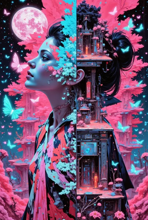 An abstract surrealist psychedelic aesthetic cosmic cyberpunk artwork that combines chaotic glitch effects with distorted imagery, featuring the dynamic pose of a dark gothic geisha-themed girl. Part of his face is open, revealing a complex view of the shi...