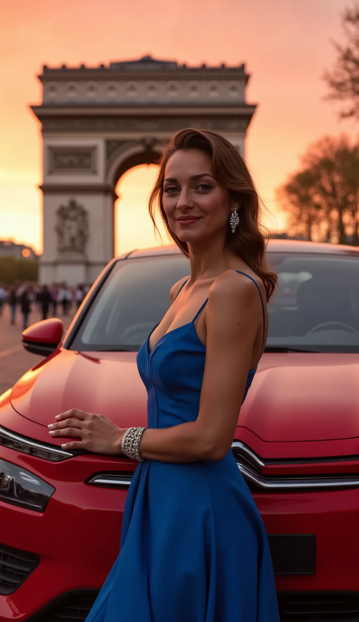 Front view, cowboy shot, looking at viewer, CITROËN C5 X HYPNOS PLUG-IN HYBRID, In front of the Arc de Triomphe in Paris, car color red, sunset,  and a French actress with middle brown hair stands beside it, wearing a gorgeous blue dress and posing , earin...