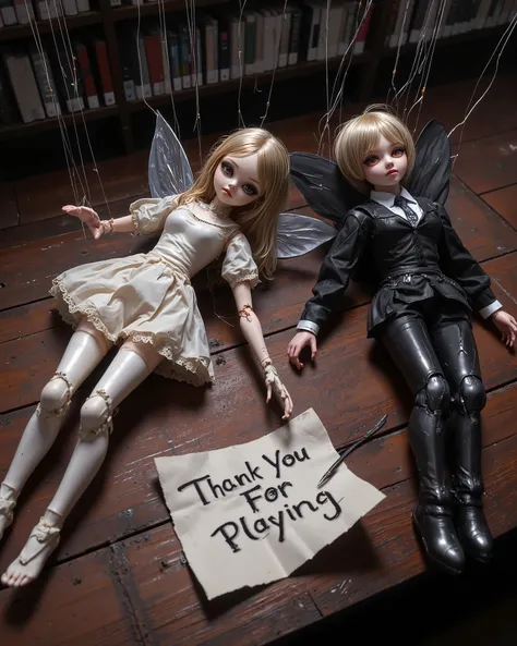 4pp4l4chi4 Folk Horror,SINoALICE, Parrah, Noya, 2dolls, creepy, dark, creepy dolls, marionette dolls laying on the floor, in a library, Library, (Parrah is wearing light clothes and fairy wings, long hair, girl), (Noya is wearing dark clothes and fairy win...