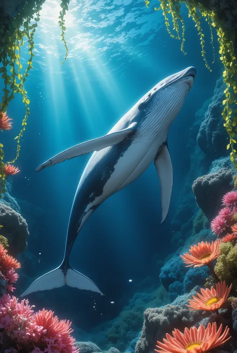 photorealistic, RAW PHOTO, Colourful Deep Sea、1An aesthetic whale is swimming gracefully, optimal adjustment for video generation, Optimal Resolution, Silky Fine. Extremely beautiful photo quality,