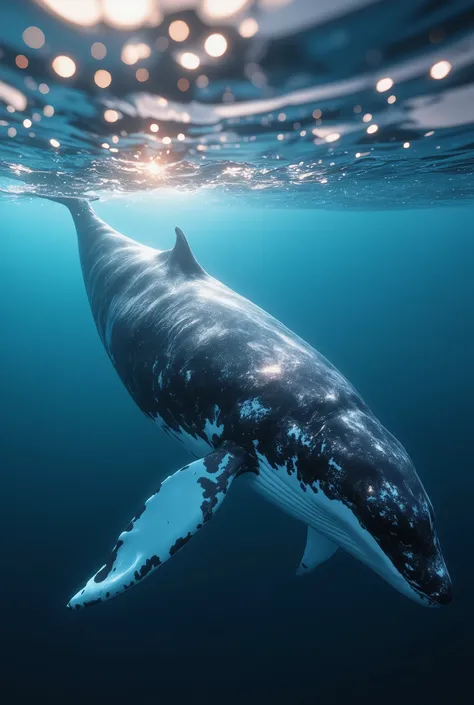 フォトreal, RAW PHOTO, Colourful Deep Sea、1An aesthetic whale is swimming gracefully, optimal adjustment for video generation, Optimal Resolution, Silky Fine, Extremely beautiful photo quality, Realistic, High Quality, 4K, 8K, high resolution, Masterpiece, Su...