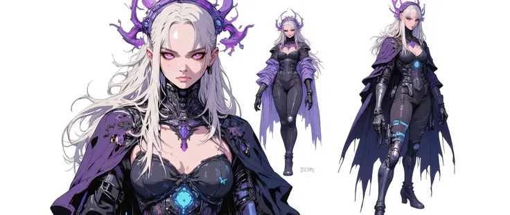 very aesthetic, A very beautiful 27 year old adult woman, nice and sexy body, long curvy legs, medium breasts, sexy body, fair skin, long silky white hair with white highlights, bright purple eyes, gothic cyberpunk style, wearing a black and violet technol...