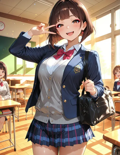 Adorable School Girls, Anime Style, Beautiful girl, beautiful girl, School Girl Outfit, ((brown hair, inverted bob, blunt bangs, reddish brown eyes, laughing)), Dark blue blazer, grey cardigan, white shirt, plaid pleated skirt, school bag that stands in di...
