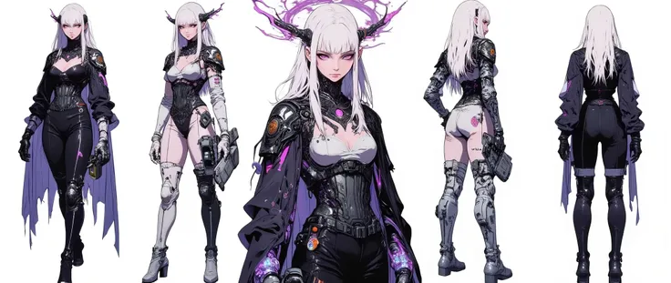 very aesthetic, A very beautiful 27 year old adult woman, nice and sexy body, long curvy legs, medium breasts, sexy body, fair skin, long silky white hair with white highlights, bright purple eyes, gothic cyberpunk style, wearing a black and violet technol...