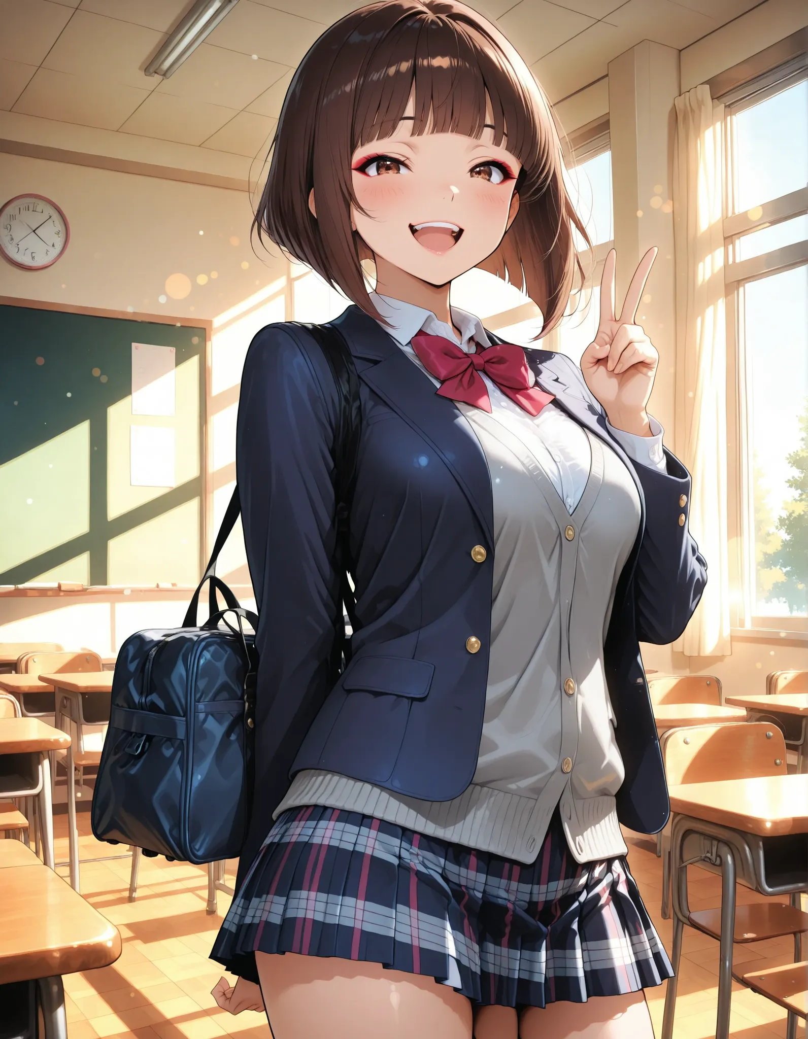 Adorable School Girls, ((1 woman)), Anime Style, Beautiful girl, beautiful girl, School Girl Outfit, ((brown hair, inverted bob, blunt bangs, reddish brown eyes, laughing)), Dark blue blazer, grey cardigan, white shirt, plaid pleated skirt, school bag that...