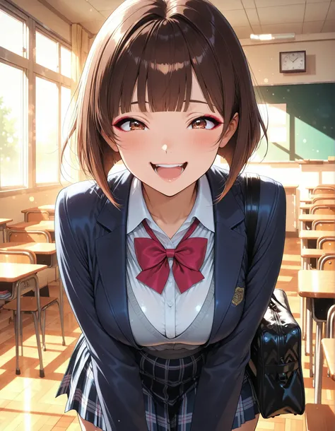 Adorable School Girls, ((1 woman)), Anime Style, Beautiful girl, beautiful girl, School Girl Outfit, ((brown hair, inverted bob, blunt bangs, reddish brown eyes, laughing)), Dark blue blazer, grey cardigan, white shirt, plaid pleated skirt, school bag that...