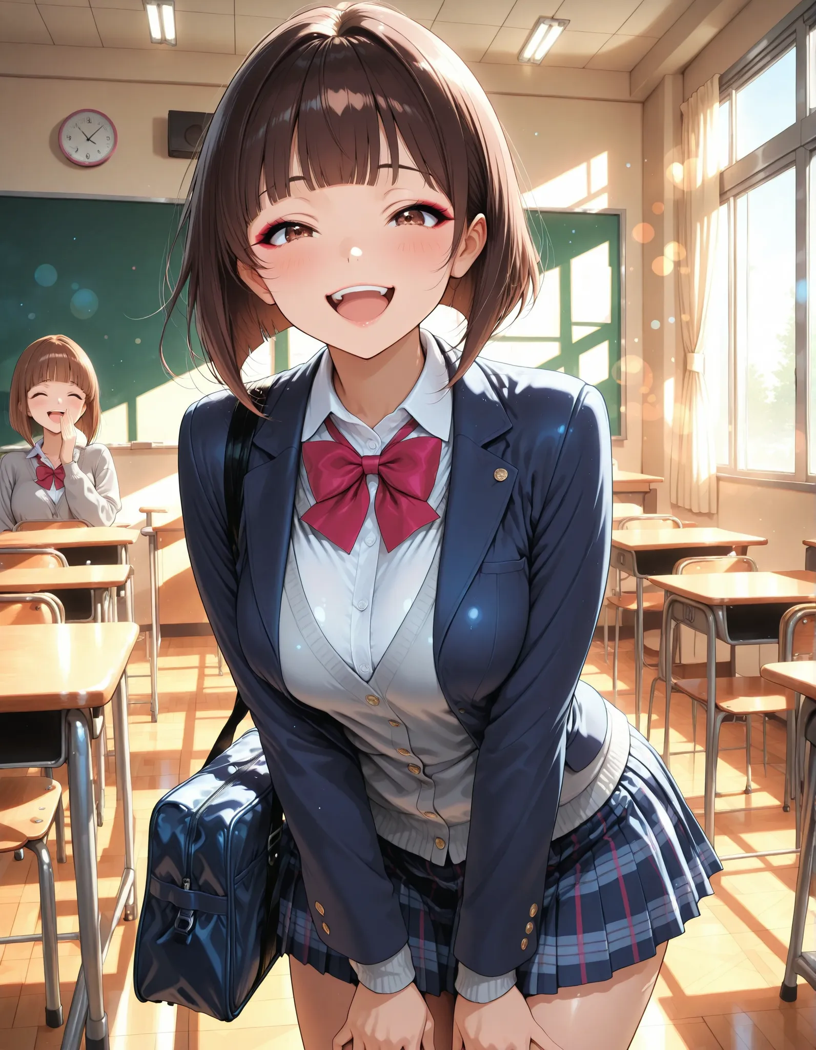 Adorable School Girls, ((1 woman)), Anime Style, Beautiful girl, beautiful girl, School Girl Outfit, ((brown hair, inverted bob, blunt bangs, reddish brown eyes, laughing)), Dark blue blazer, grey cardigan, white shirt, plaid pleated skirt, school bag that...
