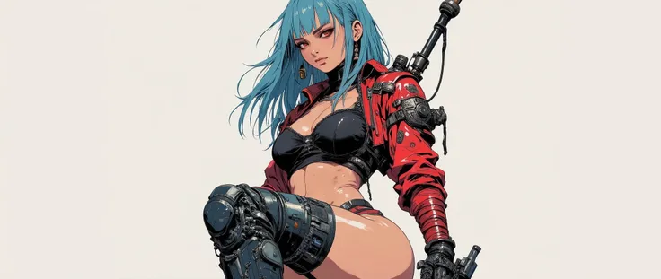 very aesthetic, A very beautiful 28 year old adult woman, sexy body, curves, big legs, with a mixed oriental face, straight hair with two side bangs on the face, cyberpunk style, blue hair and medium length, she is wearing post-apocalyptic cyberpunk style ...