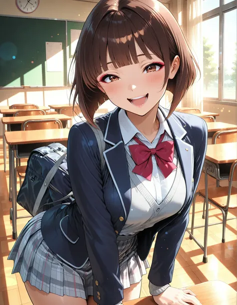 Adorable School Girls, ((1 woman)), Anime Style, Beautiful girl, beautiful girl, School Girl Outfit, ((brown hair, inverted bob, blunt bangs, reddish brown eyes, laughing)), Dark blue blazer, grey cardigan, white shirt, plaid pleated skirt, school bag that...