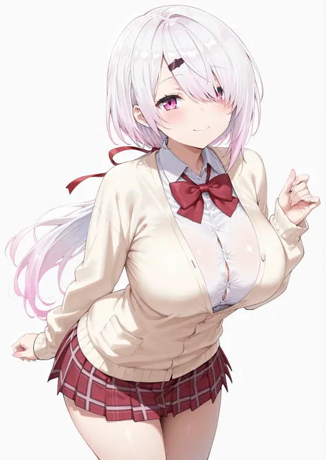 solo,masterpiece,best quality, amazing quality, highres, absurdres, very aesthetic, high resolution, ultra detailed, perfect details,nijiyuika,large breasts,pink eyes,gradient hair,light pink hair,white hair,round face,long hair,hair over one eye,low ponyt...