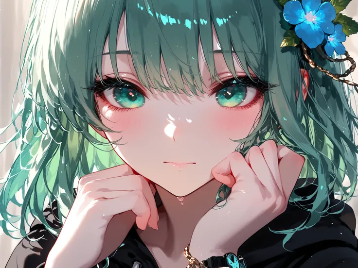 super detail, masterpiece, best quality, high resolution, beautiful, perfect hands, portrait face only, Anime girl female medium hair mint-green hair and mint-green eyes, Pale skin with matching pale eyelashes(black), Her eyes are accentuated by elegant bl...