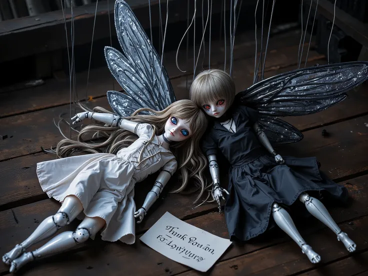 4pp4l4chi4 Folk Horror,SINoALICE, Parrah, Noya, 2dolls, creepy, dark, creepy dolls, marionette dolls laying on the floor, in a library, Library, (Parrah is wearing light clothes and fairy wings, long hair, girl), (Noya is wearing dark clothes and fairy win...