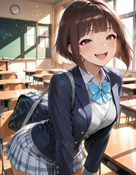 Adorable School Girls, ((1 woman)), Anime Style, Beautiful girl, beautiful girl, School Girl Outfit, chair, From the side, ((brown hair, inverted bob, blunt bangs, reddish brown eyes, laughing)), Dark blue blazer, grey cardigan, white shirt, plaid pleated ...