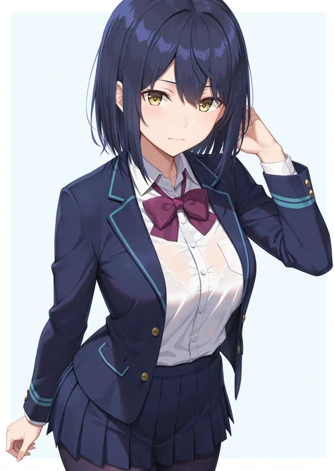 solo,masterpiece,best quality, amazing quality, highres, absurdres, very aesthetic, high resolution, ultra detailed, perfect details,nijirin,medium breasts,yellow eyes,blue hair,black hair,moles,medium hair,nijirincos,white shirt,collared shirt,purple bowt...