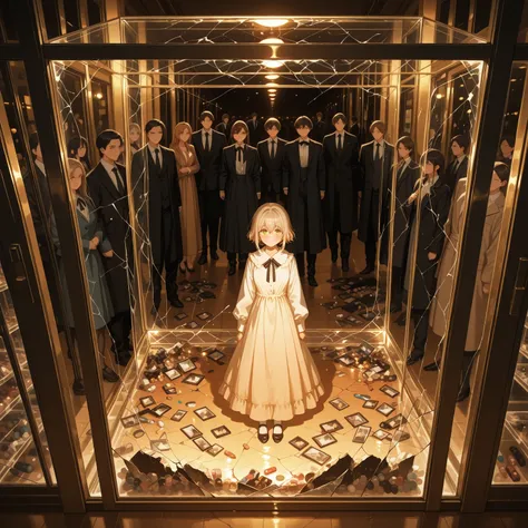 a lonely glass-eyed effigy inside a cracked display case, dressed in an old-fashioned outfit, surrounded by forgotten toys, golden hour light casting shadows, a sense of quiet sadness