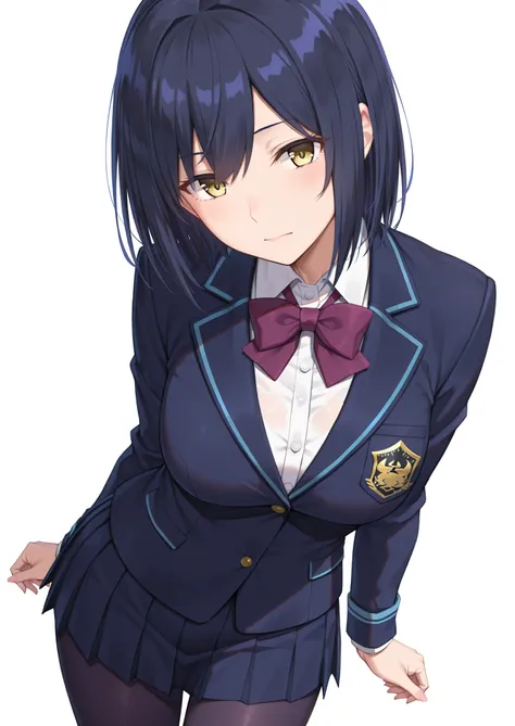 solo,masterpiece,best quality, amazing quality, highres, absurdres, very aesthetic, high resolution, ultra detailed, perfect details,nijirin,medium breasts,yellow eyes,blue hair,black hair,moles,medium hair,nijirincos,white shirt,collared shirt,purple bowt...