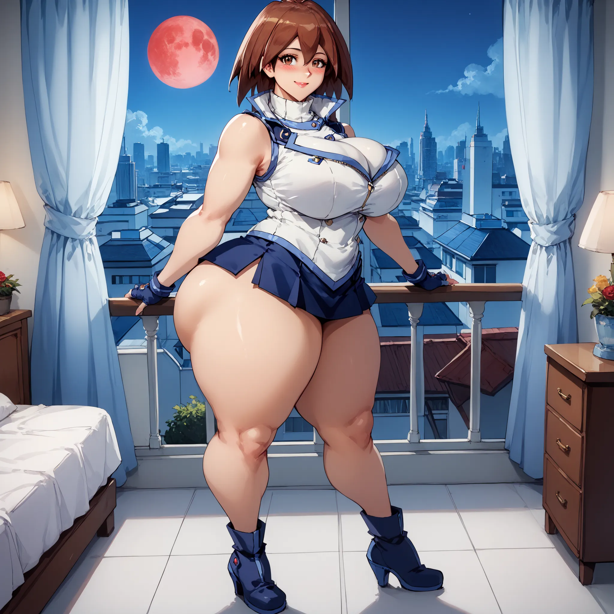 ((insane details, insane resolution, insane detailed background, beautiful detailed eyes, beautiful detailed face, 24k, Mastepiece, ultra quality)), 1wa0 (yu-gi-oh gx), 1 image, jasmine, 1 girl, solo, brown eyes, short hair, reddish brown hair, ((huge brea...
