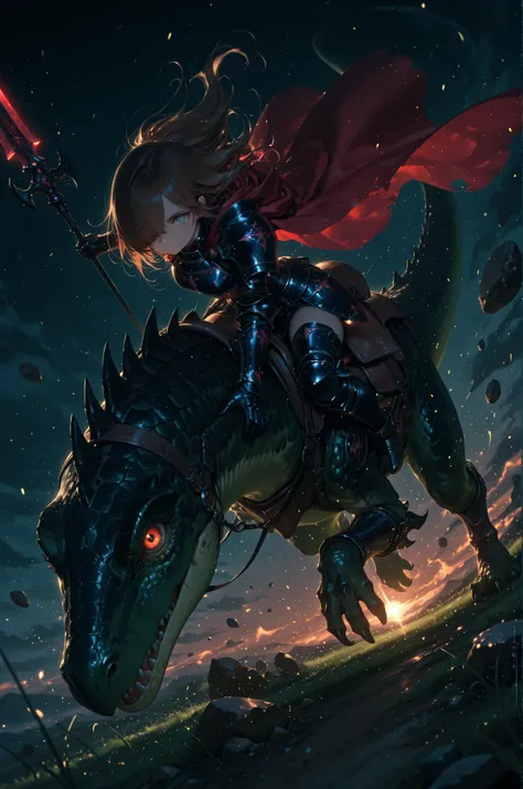 1woman,
solo, hyper-detailed beautiful eyes, cape, Intricate, hair_over_one_eye, white twisted hair:1.1, close mouth, shining armor, gauntlet, she holding spear,
armor boots, Fluttering Red Cape, BREAK
she riding dinosaur, Armored dinosaur, Reddish br...