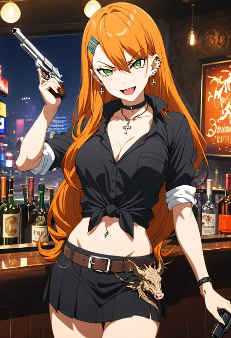 1girl, orange hair, long hair, single pig tail、 clavicle, green eyes, blue hairclip, black choker, earrings,, lipstick,ear piercing, long hair, , lipstick,Hot girl, baddie, smoking, sensual, attractive , choker, ,cross necklace,  bar background , inside ba...