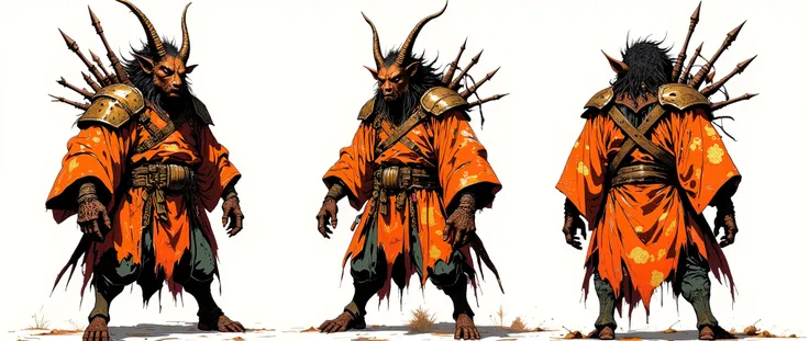Masterpiece, most recent, very aesthetic. A demon with a boar face, [[[BOAR HEAD]], he has locks of hair, is hunchbacked, wears an orange Japanese tunic with gold details, stands on all fours, a scary monster, has 4 arms, spear-shaped bones that come out o...