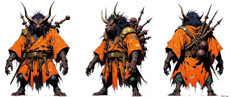 Masterpiece, most recent, very aesthetic. A demon with a boar face, [[[BOAR HEAD]], he has locks of hair, is hunchbacked, wears an orange Japanese tunic with gold details, stands on all fours, a scary monster, has 4 arms, spear-shaped bones that come out o...