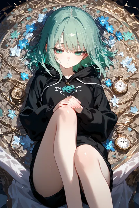 super detail, masterpiece, best quality, high resolution, beautiful, perfect hands, Anime girl female medium hair mint-green hair and mint-green eyes, Pale skin with matching pale eyelashes(black), Her eyes are accentuated by elegant black eyelashes that s...