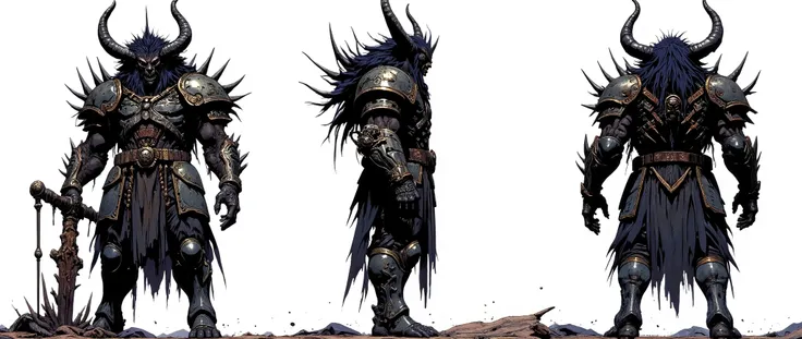 Masterpiece, latest, very aesthetic. A Demon Lord of darkness, he has huge horns that adorn his head, black horns, he has locks of hair, he is 5 meters tall, he wears armor with huge and disproportionate shoulders, he is very strong and has huge claws, gor...